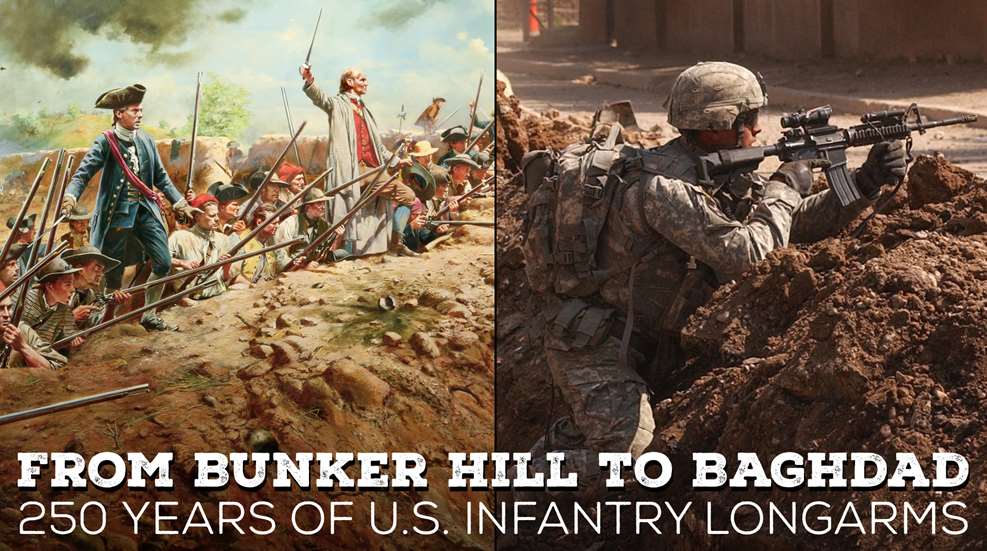 Bunker Hill To Baghdad collage text on image noting FROM BUNKER HILL TO BAGHDAD 250 YEARS OF U.S. INFANTRY LONGARMS