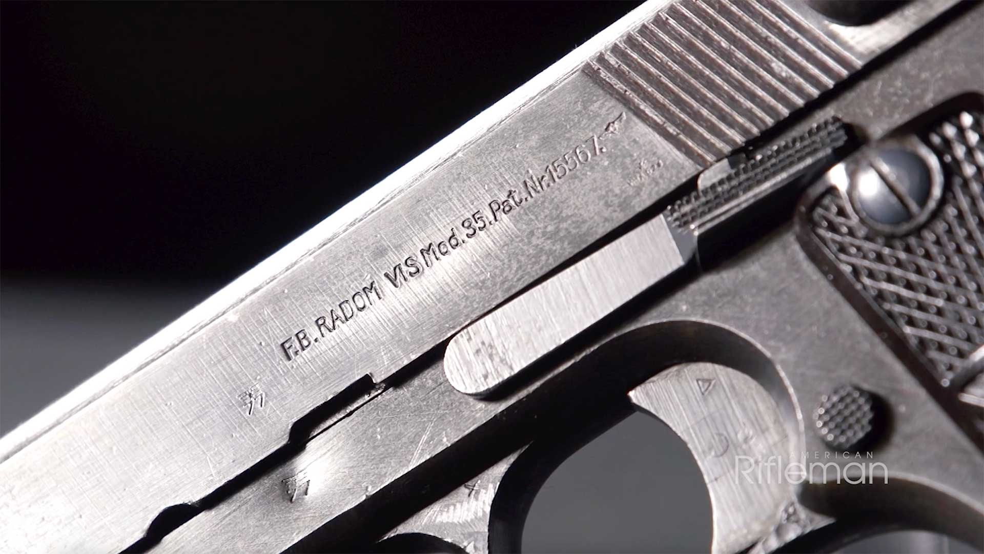 Slide markings on the left side of the Polish Vis 35 Radom pistol.
