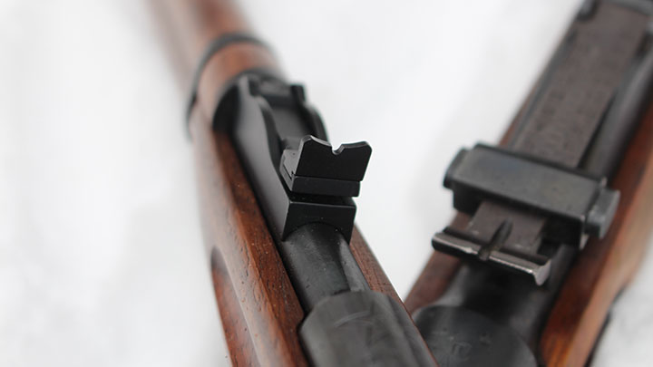 The rear sight of the Mini Mosin compared with a real Mosin-Nagant.
