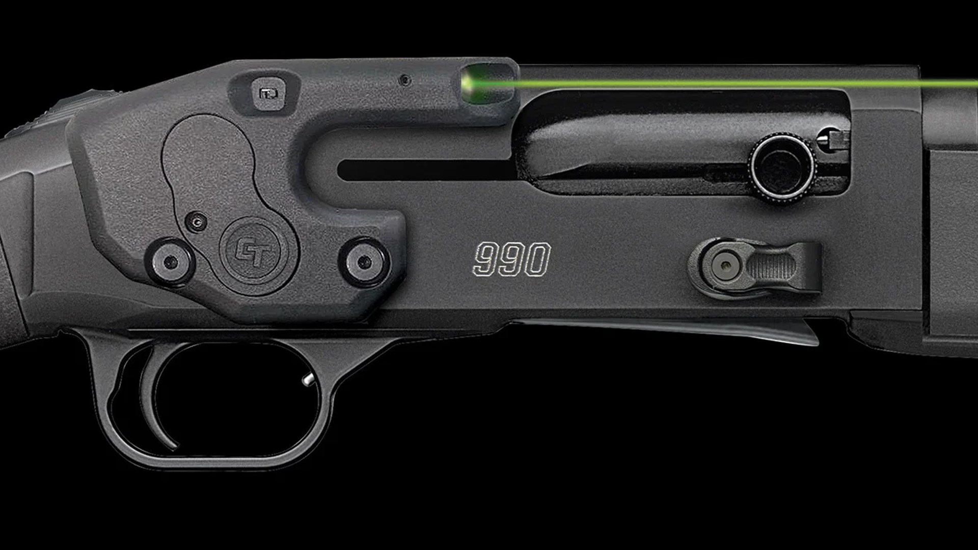 Close up view of the Crimson Trace Lasersaddle on the Mossberg 990 Aftershock receiver.