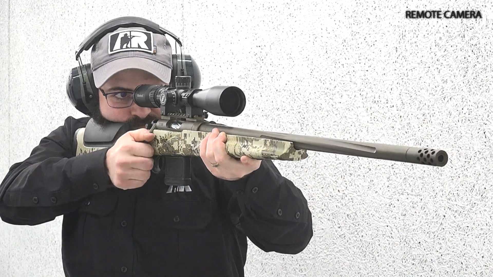 man wearing black shirt ballcap earmuffs glasses shooting rifle bolt-action Franchi USA Momentum Elite .224 Valkyrie