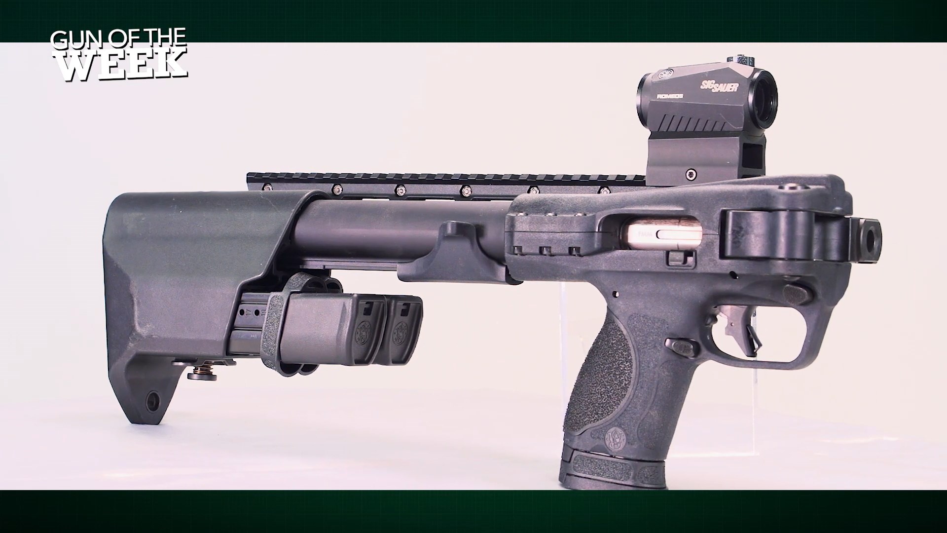 Smith & Wesson FPC pistol caliber carbine folded shown on white background with text on screen GUN OF THE WEEK