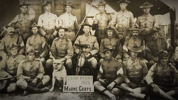 U.S. Marines gathered for a photo at Camp Perry marksmanship range in 1909.