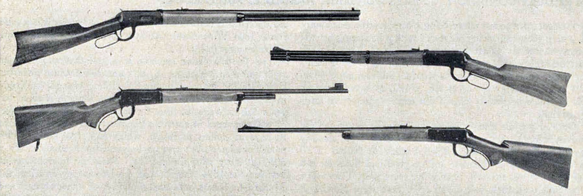 Four Winchester rifle models, produced over a half-century, are variations of the model '94 rifle (at top), which was made in calibers .32-40, .38-55, ,30-30, 25-35, and .32 Special. The parts of the 94 are interchangeable with parts of the other three guns shown here, the model 94 carbine (second from top), model 55 (second from bottom), and model 64 (bottom). The model 64 is still being produced in three calibers, .30-30, .25-35, and .32 Special.