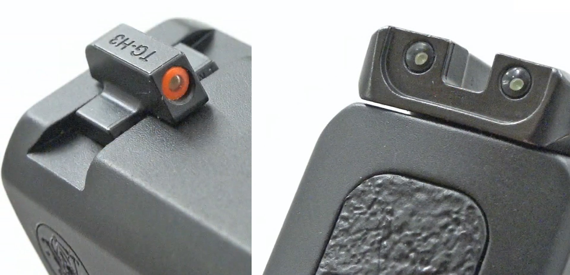 close-up view of pistol sights metal black steel Smith & Wesson Shield Plus