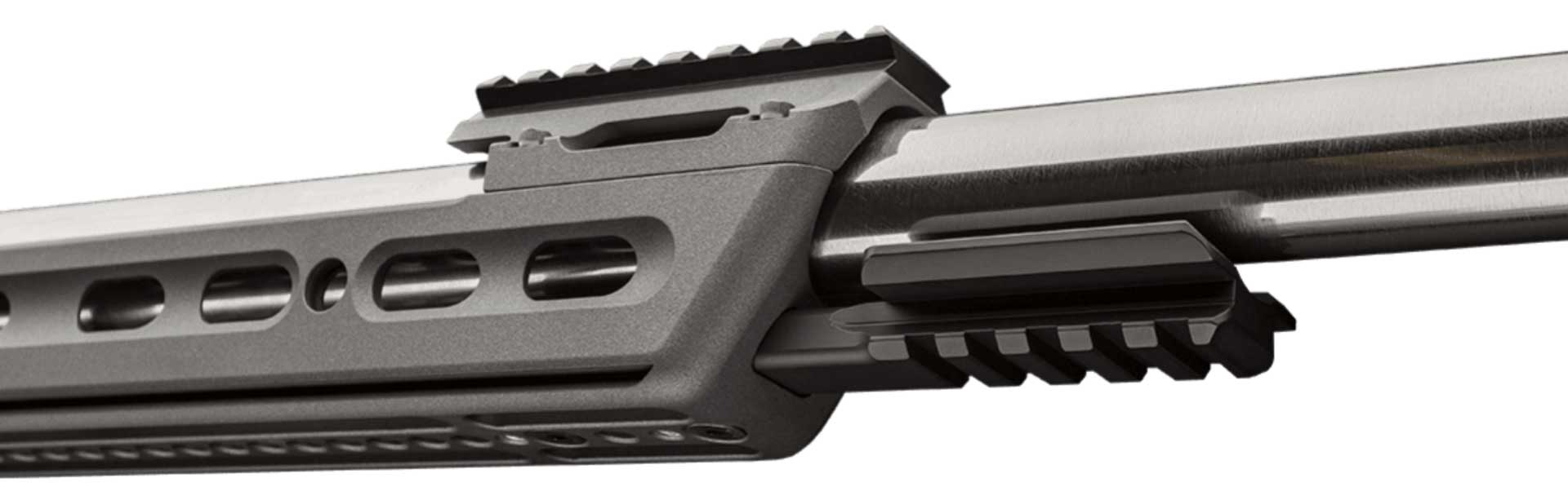 Bergara Premier Competition rifle closeup detail metal steel aluminum ARCA Swiss rail Picatinny rail stainless steel barrel