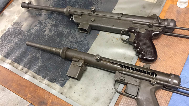 A side-by-side shot showing one of the SOLA Super submachine guns and one of the SOLA Légère submachine guns in the reference collection of the Luxembourg Grand Ducal Police’s Logistical and Technical Support Service headquarters in Luxembourg City. Photograph by the author - July 3, 2017.