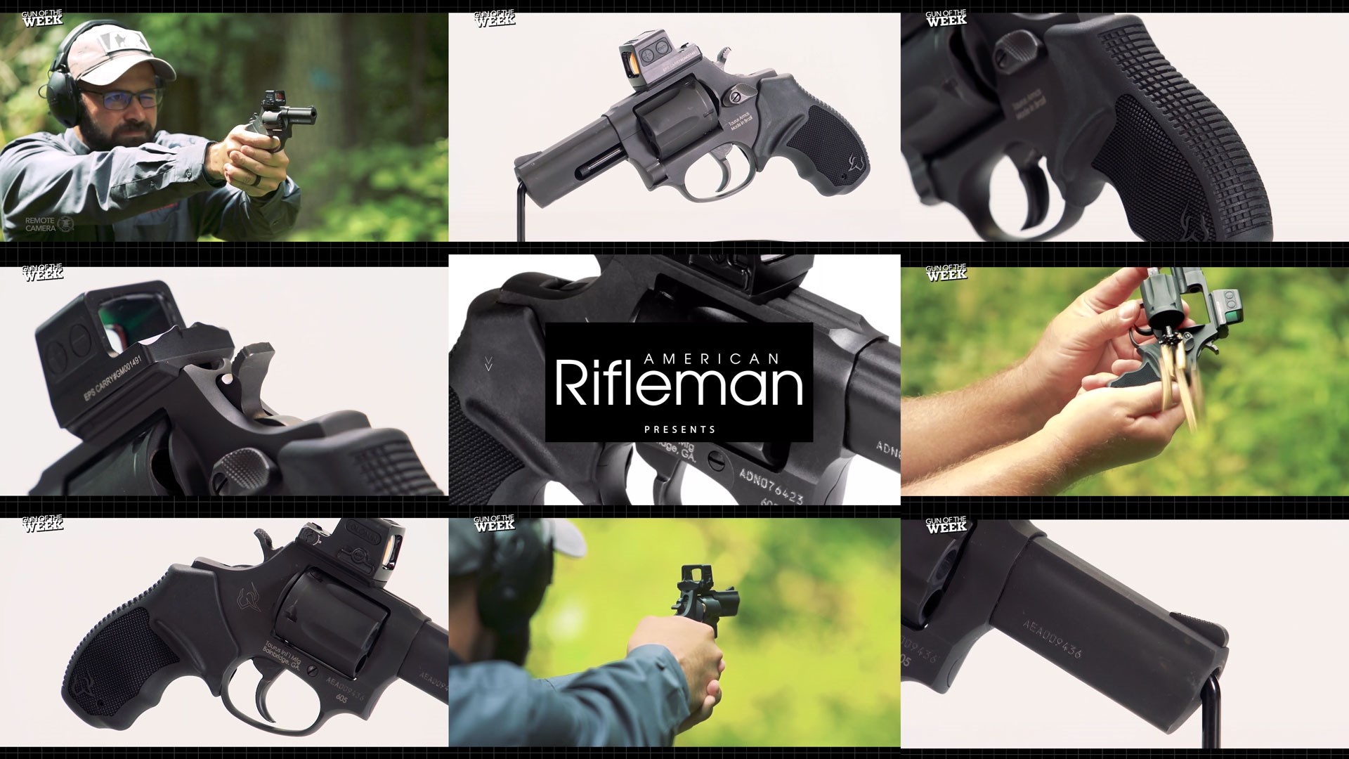 American Rifleman text center tile 9 images mosaic guns men shooting outdoors closeup detail revolver parts Taurus 605 T.O.R.O.