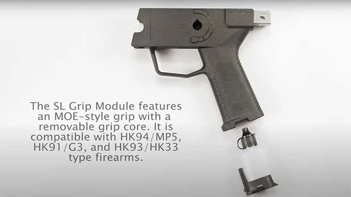 The Magpul grip module for the MP5 family with its MIAD/MOE compatible grip compartment.