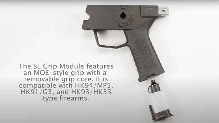 The Magpul grip module for the MP5 family with its MIAD/MOE compatible grip compartment.