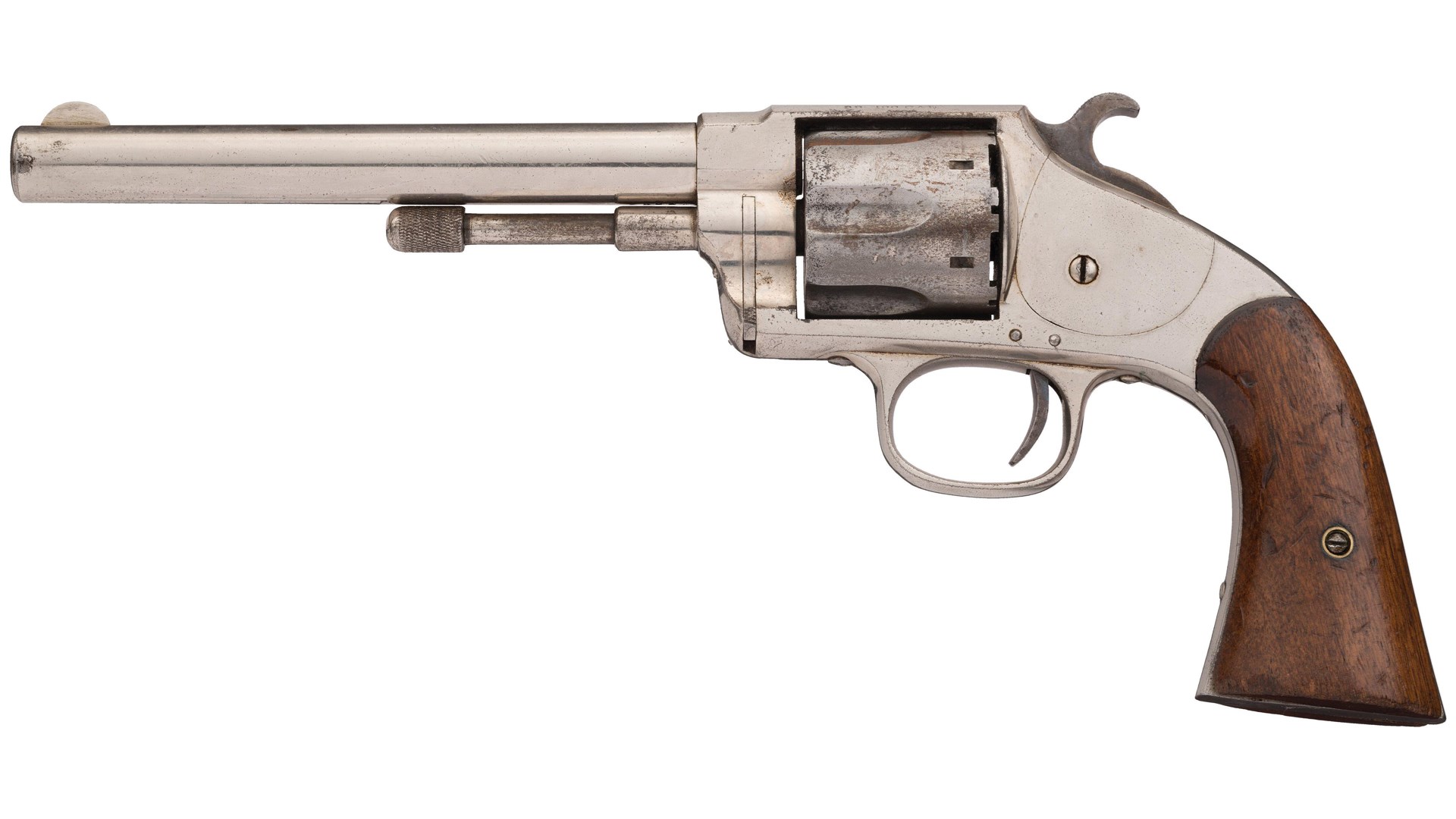 Left-side view of silver revolver hopkins & allen xl navy single-action