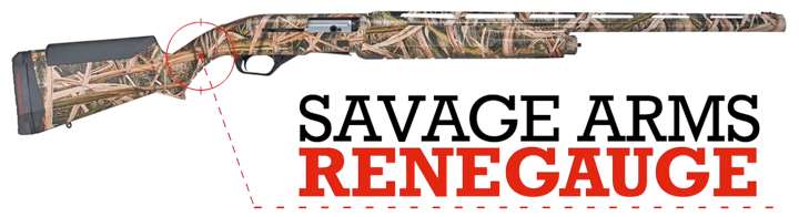 Right-side view of Savage Renegauge Waterfowl shotgun shown on white background with text on image noting make and model.