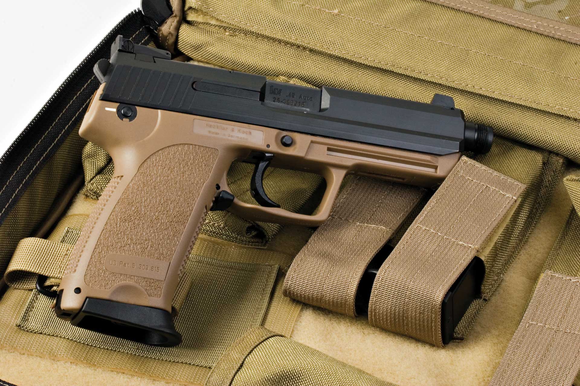 H&K USP Tactical pistol .45 FDE color right side with pouch accessories