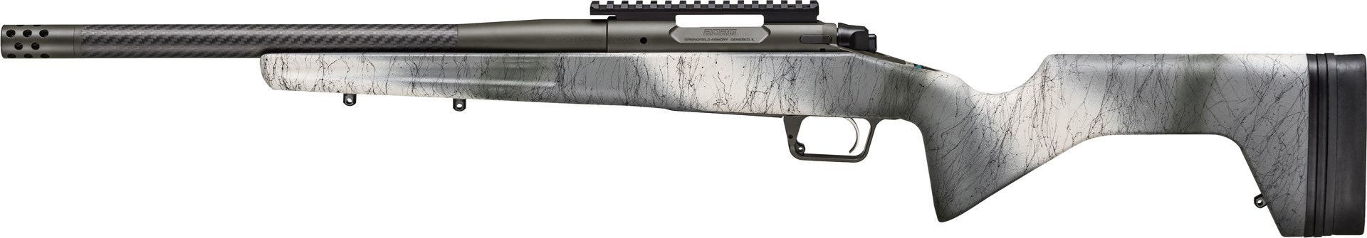 Springfield Armory Model 2020 Redline bolt-action rifle olive camouflage green Cerakote receiver carbon-fiber-wrapped barrel left-side view on white hunting rifle