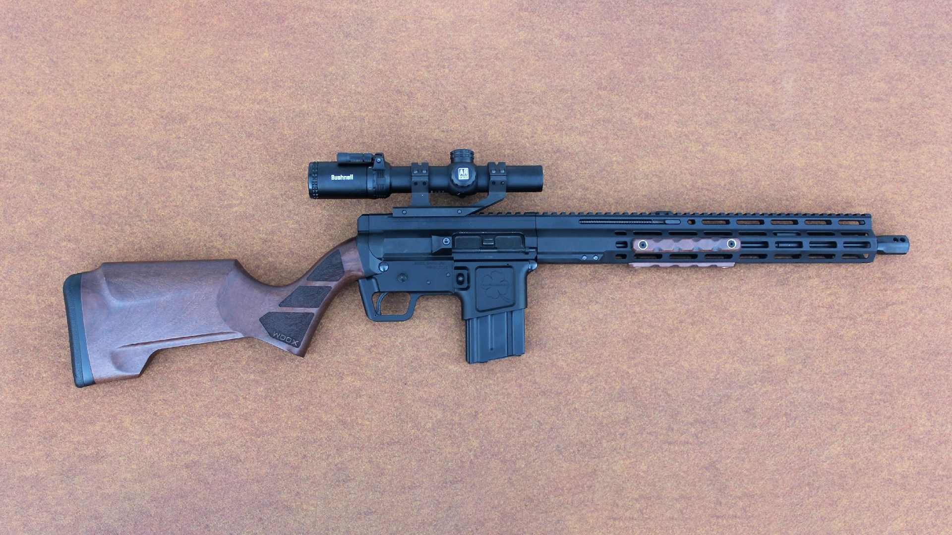 FM Products Rancher Rifle right-side view shown with Woox walnut stock bushnell riflescope