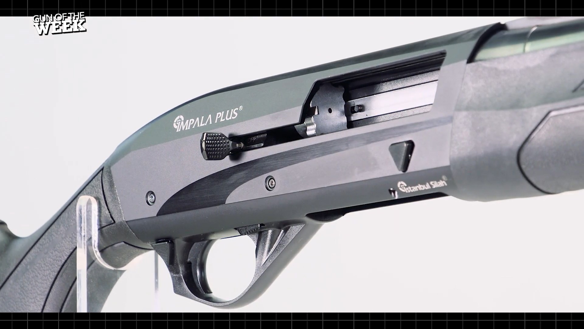 Dynamic angle of impala plus shotgun receiver white background black synthetic furniature