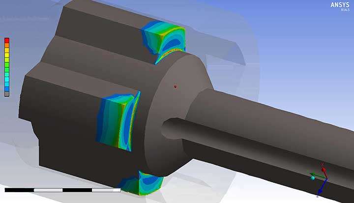 Rear bolt lugs shown in an ANSYS computer simulation, highlighting stress on sharp corners in the bolt lugs.