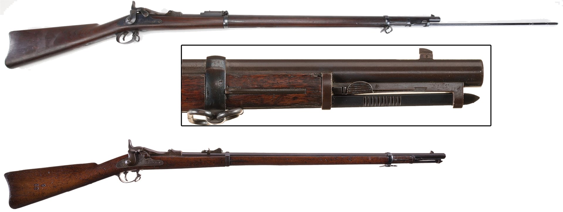 two rifles depicting bayonet rod within fore-end channel inset magnified detail of muzzle of trapdoor rifle with bayonet captive