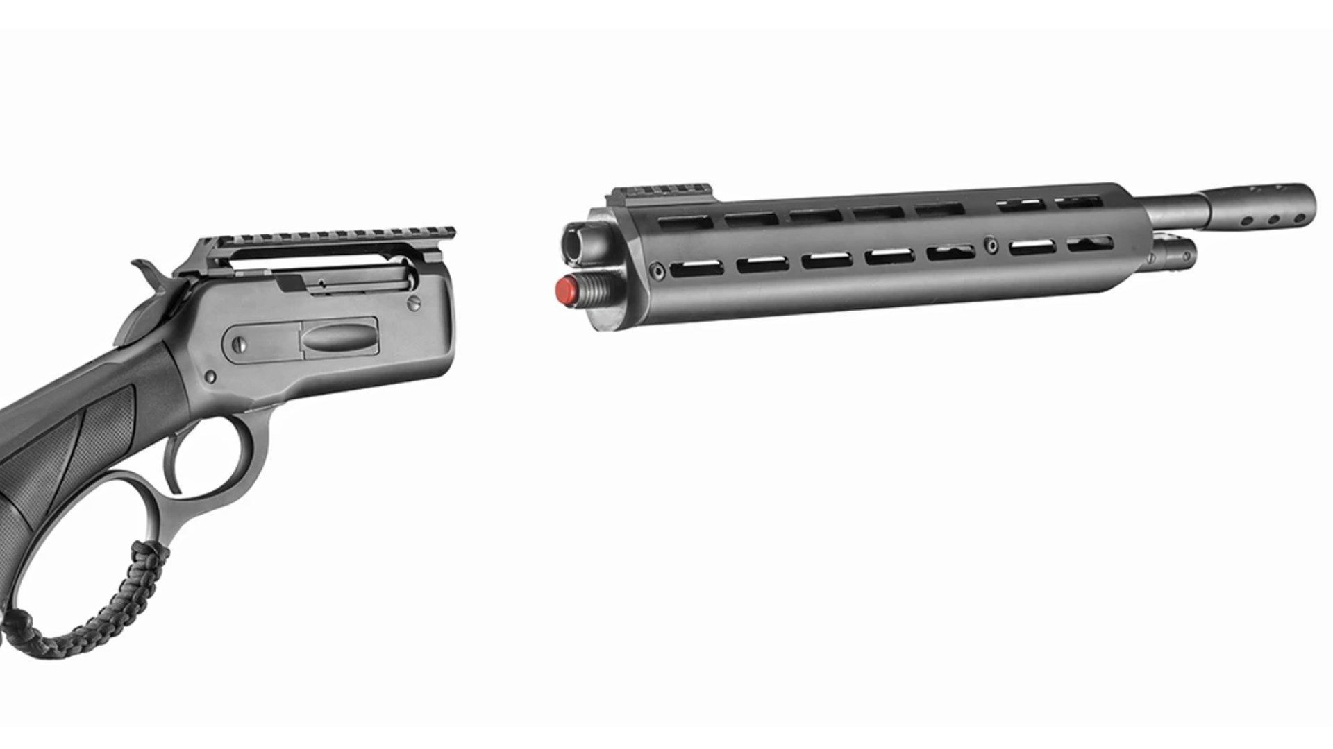 Front and back half of the Chiappa 86 Wildlands Angled Ejection Takedown rifle separated.