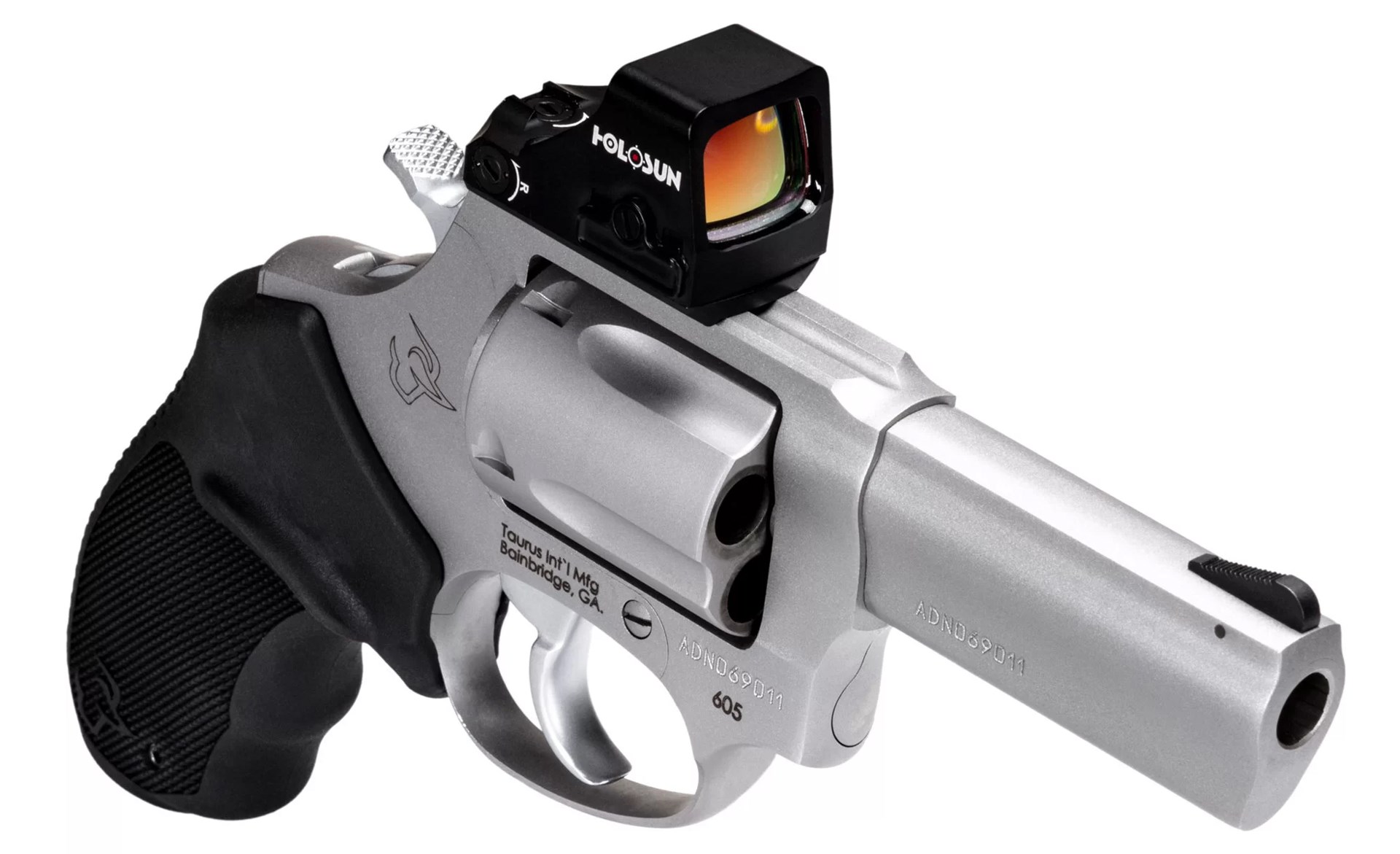 Taurus 605 T.O.R.O. double-action revolver stainless steel black rubber stock and Holosun optic attached for sighting white background
