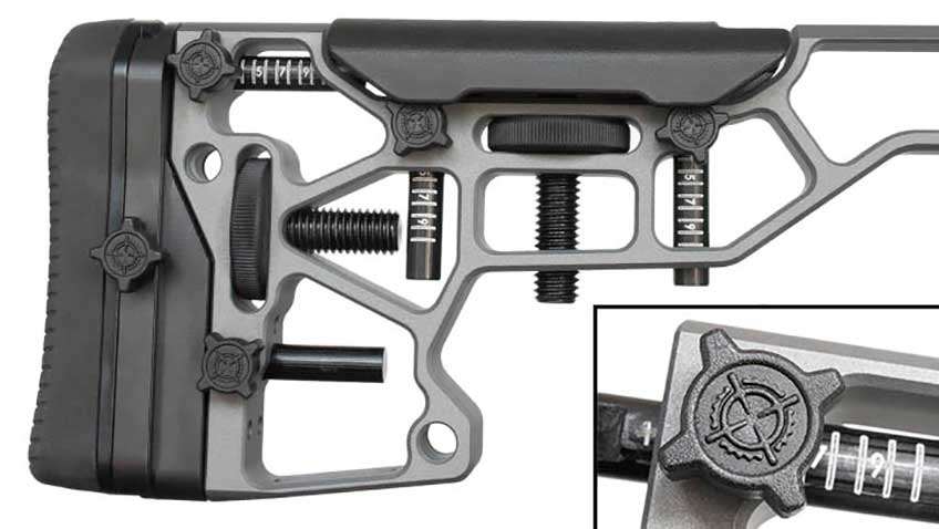 Adjusting the cheekpiece and recoil pad height, as well as length of pull, do not require tools on the stock. Polymer knobs (inset) make working the locking mechanisms effortless, even with gloved hands, and numbered witness marks on the guide rods make returning to original settings fast.