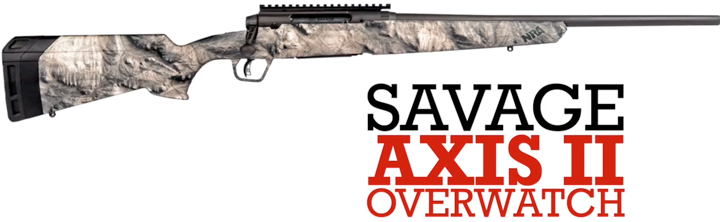 Right-side view on white background with text on image calling the make and model of the Savage Arms Axis II Overwatch rifle.