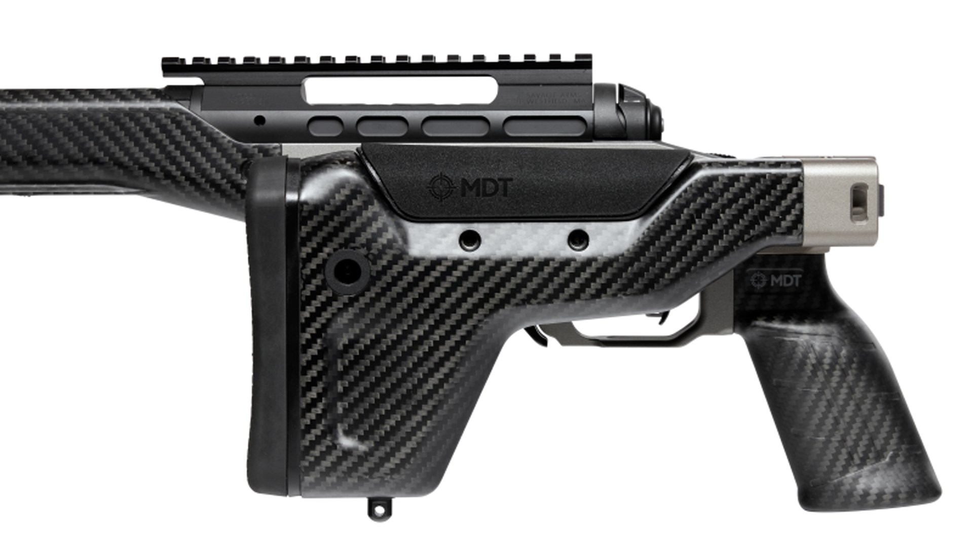 Stock folded along the left side of the Savage 110 Ultralite Elite chassis rifle.