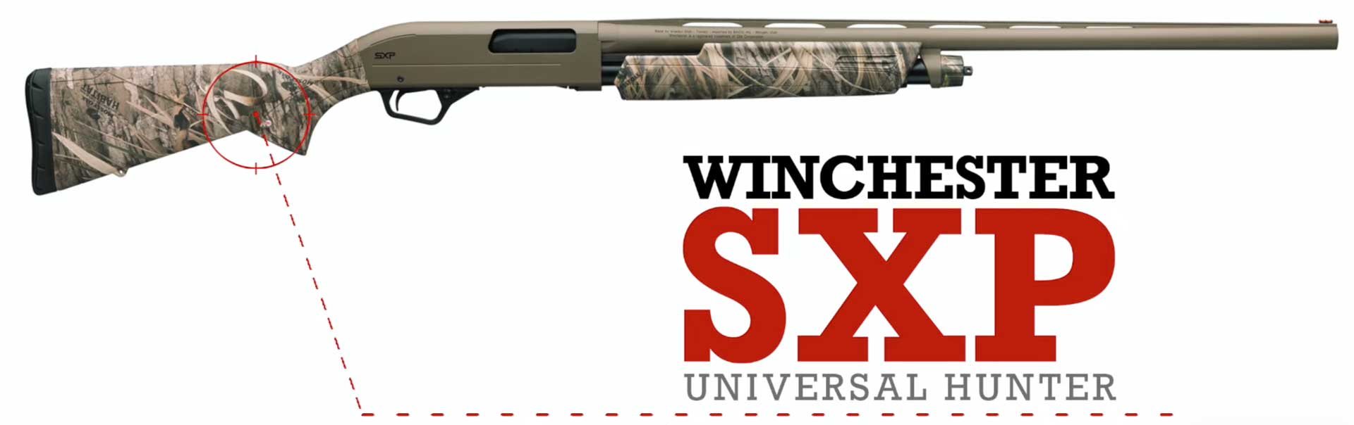 right side camouflage shotgun text on image noting "Winchester SXP Universal Hunter"