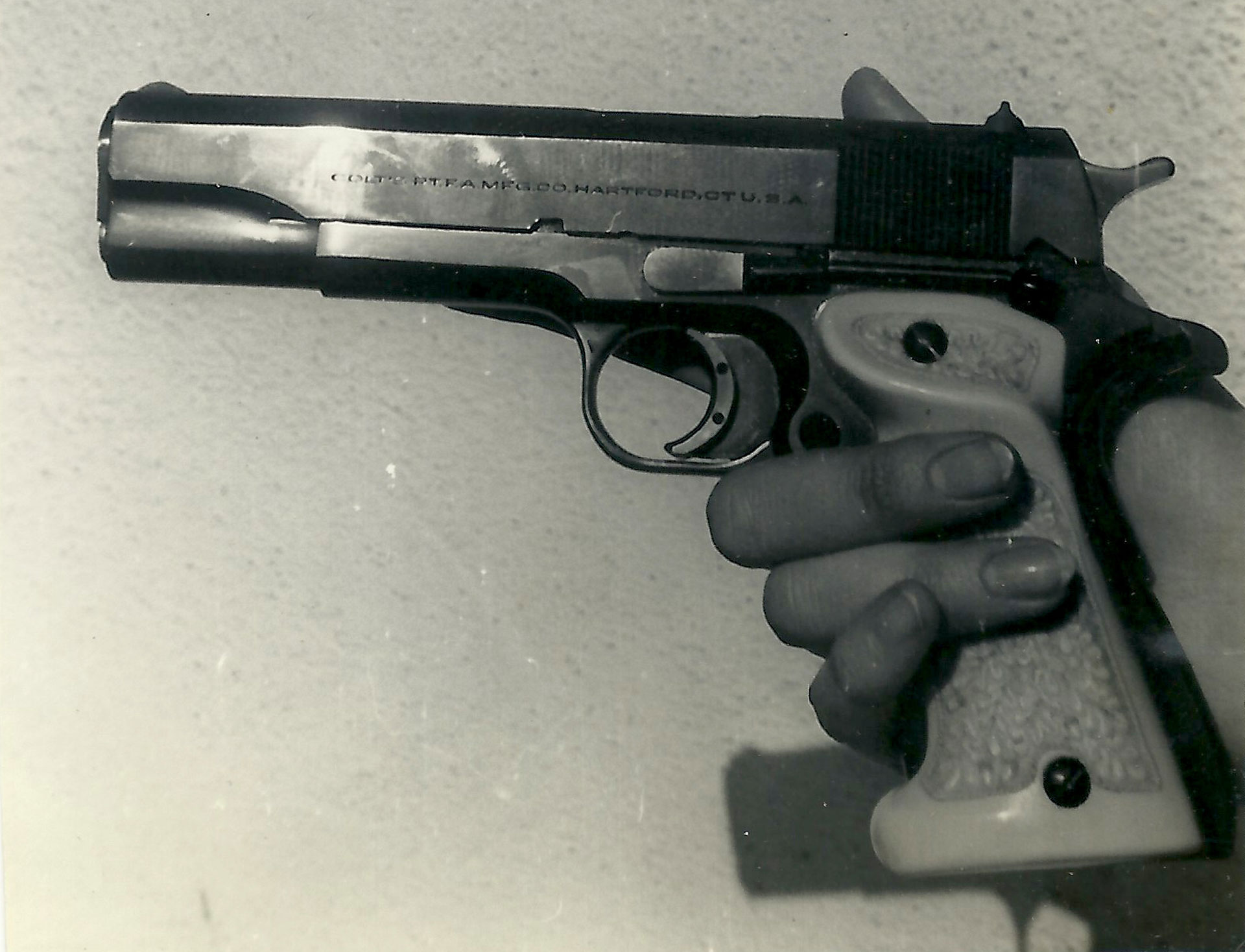(Coates’ .45-cal. pistol) Although it is not fitted with ivory grips, Coates’ .45-cal. Colt pistol is of the type featured in his short story about a gun battle in the Mexican jungle.
