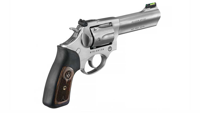 right side Ruger SP101 dynamic rear view stainless steel revovler