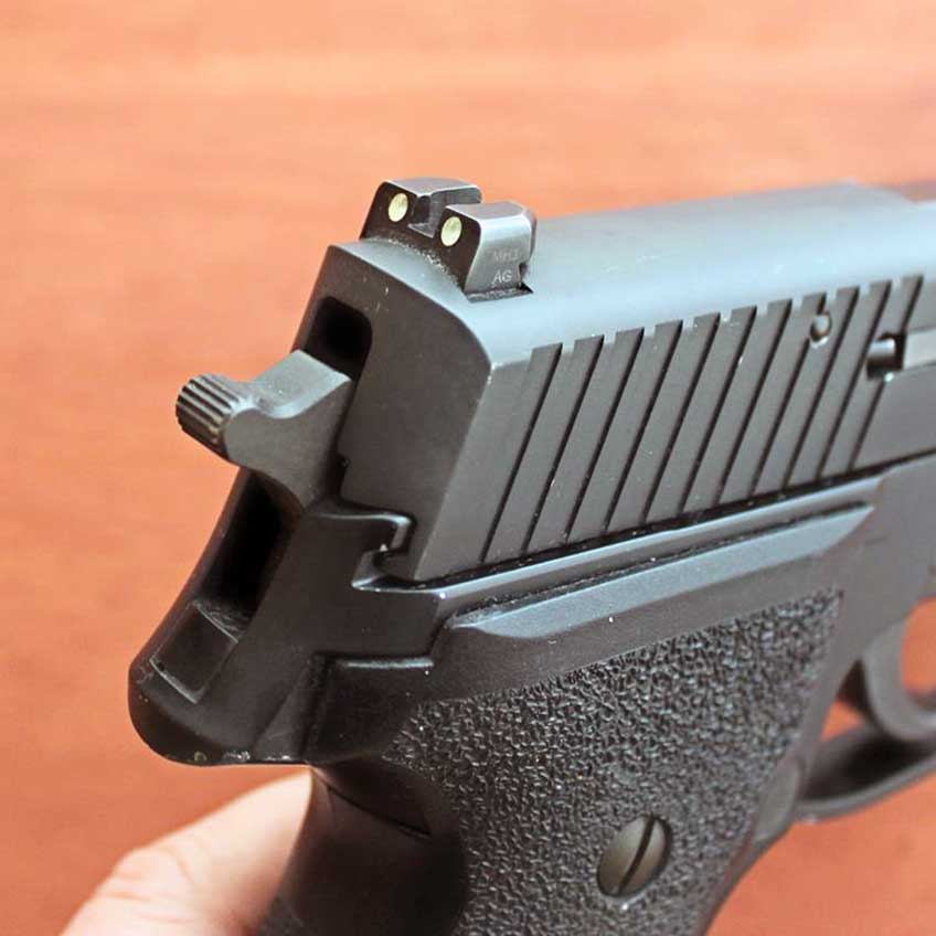 p226 handgun in hand closeup hammer slide rear serrations grip stock screw