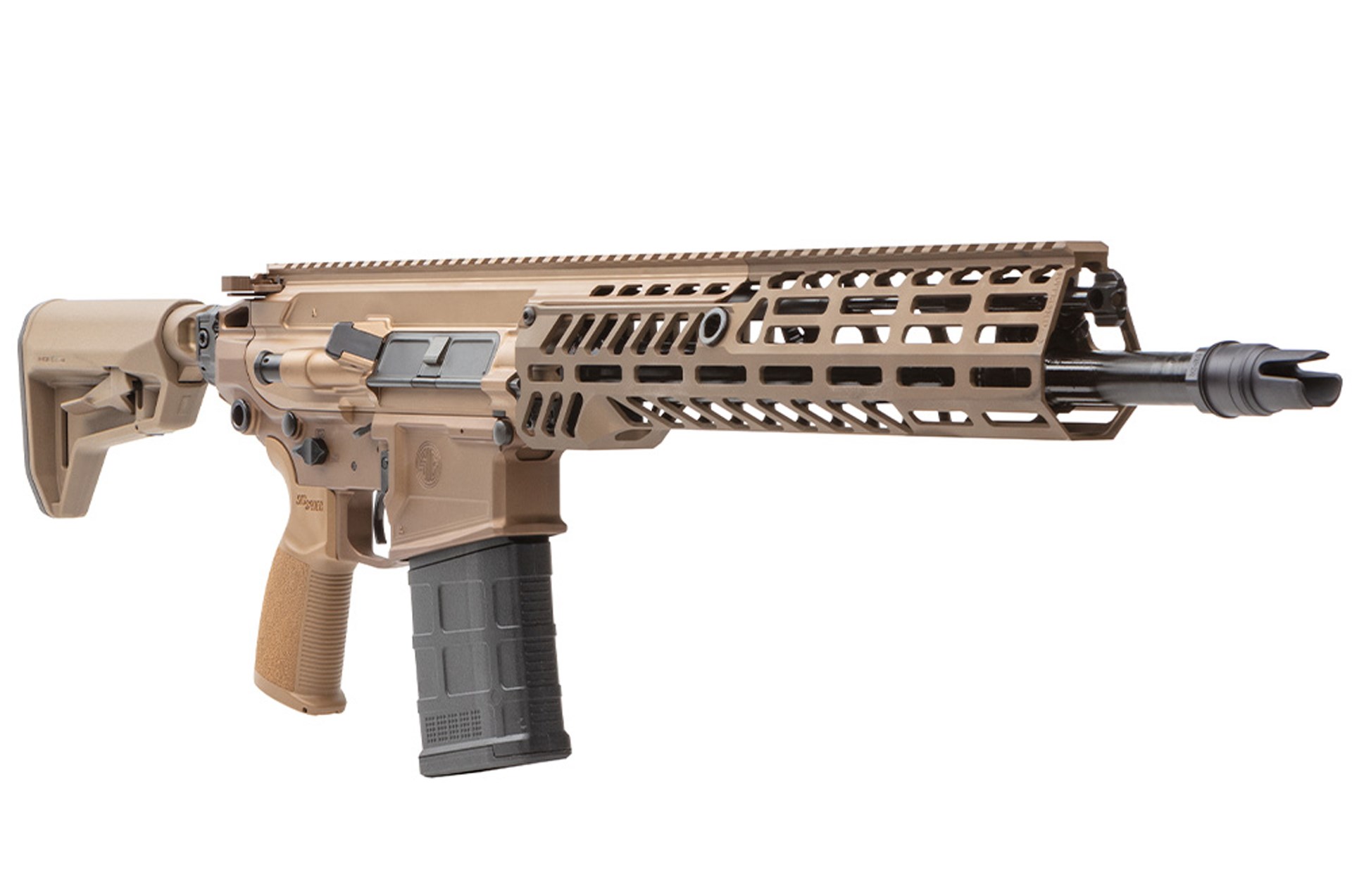Right side of the SIG Sauer MCX-Spear, showing the M-Lok handguard and suppressor QD mount.