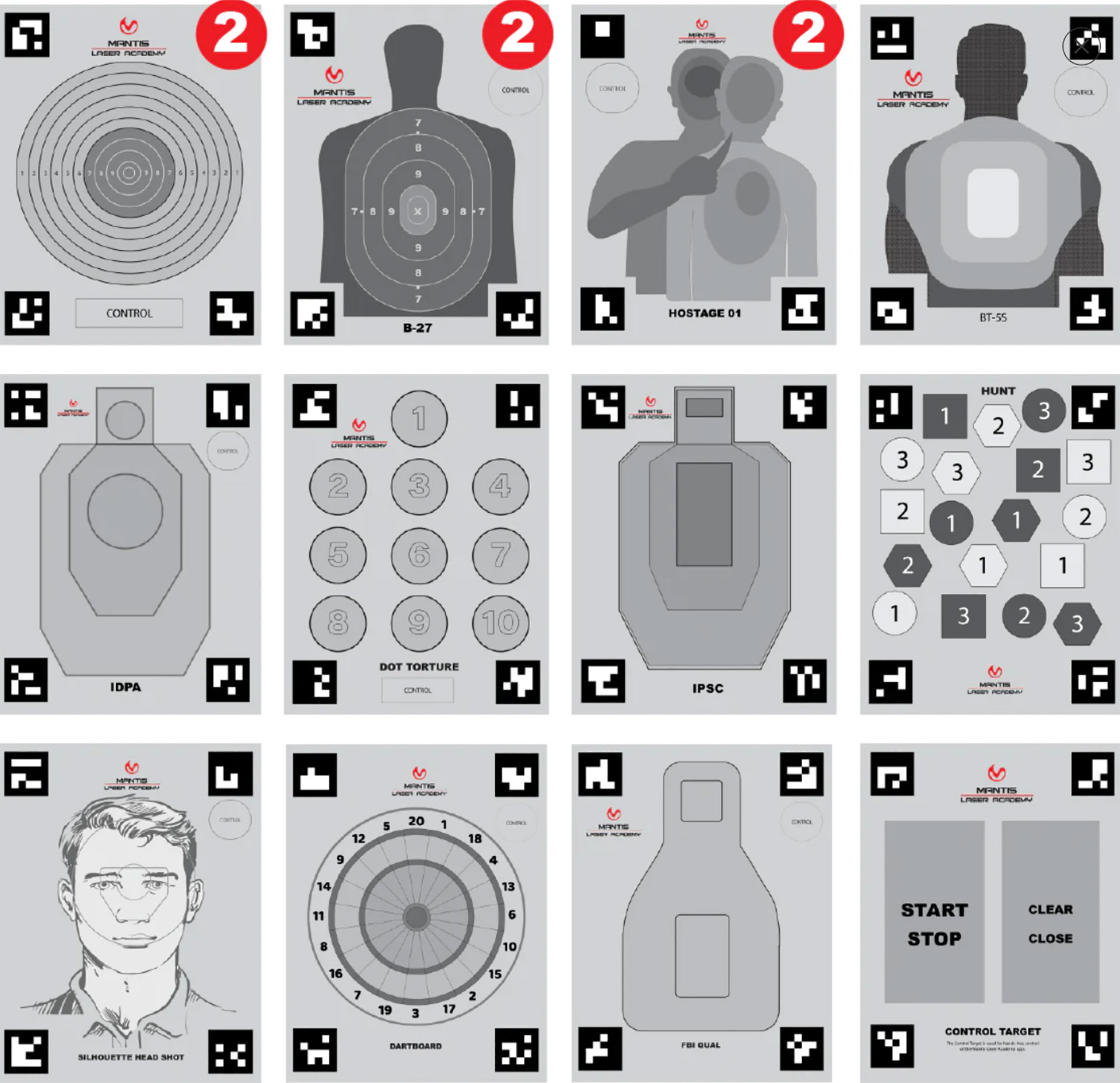 The various targets offered with the Mantis Laser Academy system.