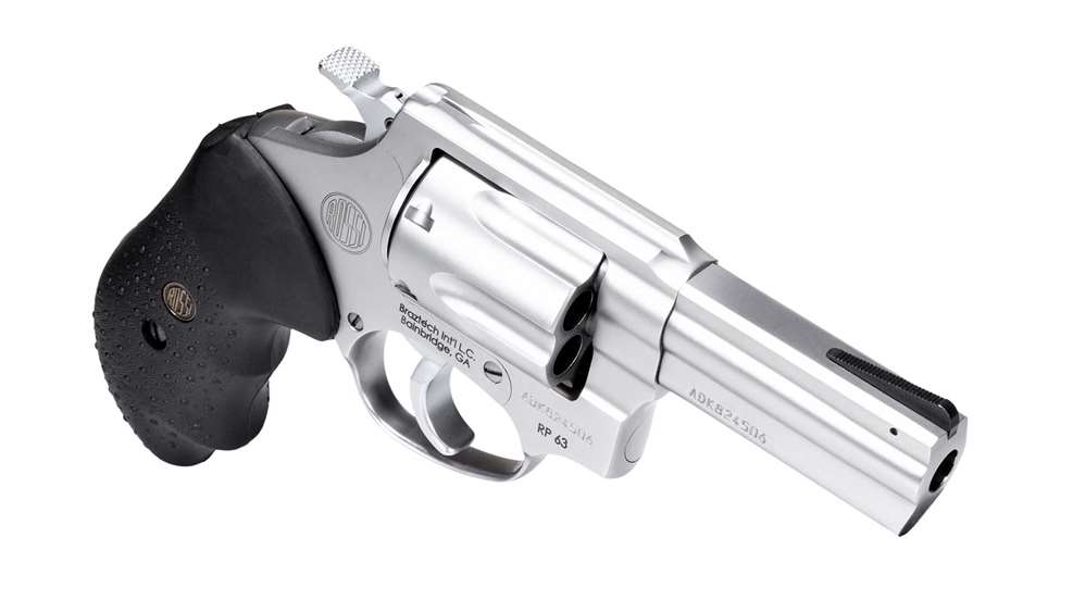 Right side of Rossi RP63 stainless-steel concealed-carry revolver shown on white with a black rubber grip.