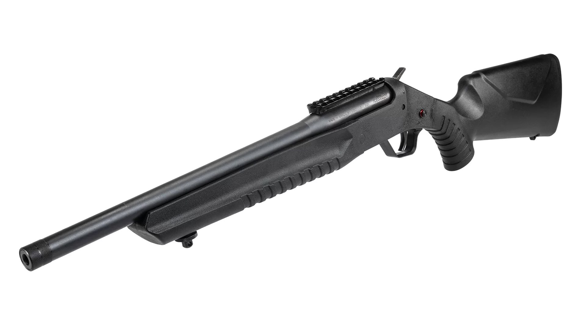 Rossi USA Lightweight Carbine (LWC) left-side angled view black gun single-shot rifle with Picatinny rail synthetic stock and threaded muzzle in .300 blackout