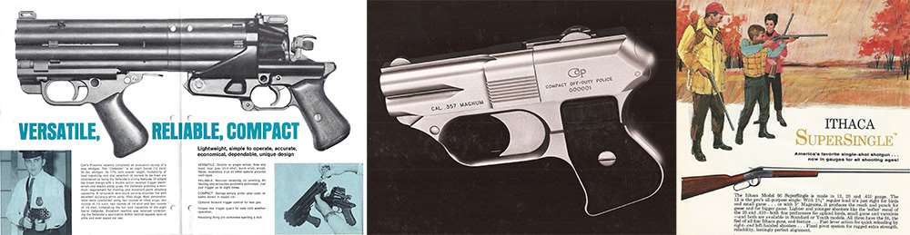 Colt Defender Mark I 20-ga. shotgun shown on left, COP four-barrel pistol center and ithaca supersingle shotgun ad on right