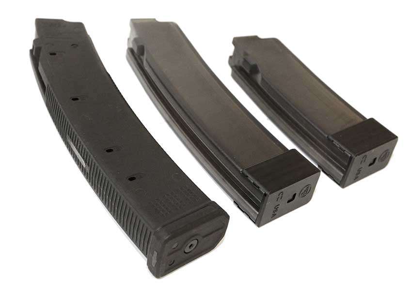 A wide variety of both factory and aftermarket magazines are available for the CZ Scorpion. Pictured, from left, a 35-rd. Magpul Pmag, a 30-rd. factory magazine and a 20-rd. factory magazine.