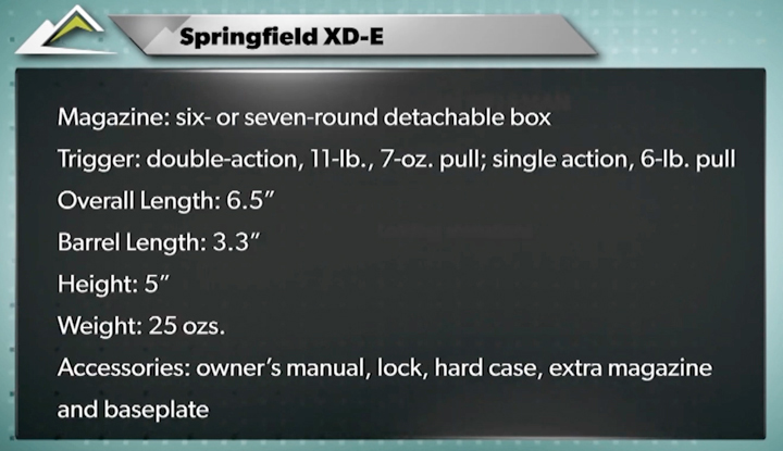 Specification table for Springfield XDe pistol.
