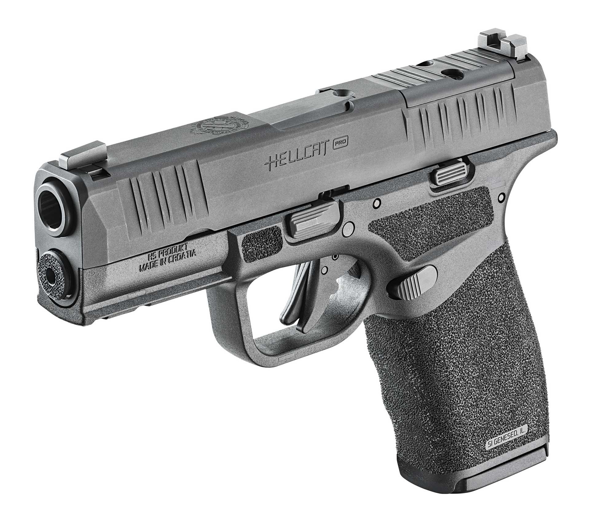 Springfield Armory Hellcat Pro, angled toward the camera, showing the gun's left-side controls.