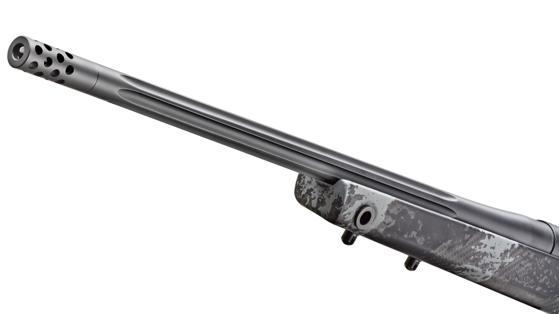 muzzle barrel bolt-action rifle detail image of omnibrake barrel fluting sling cup carbon-fiber stock shown on white background