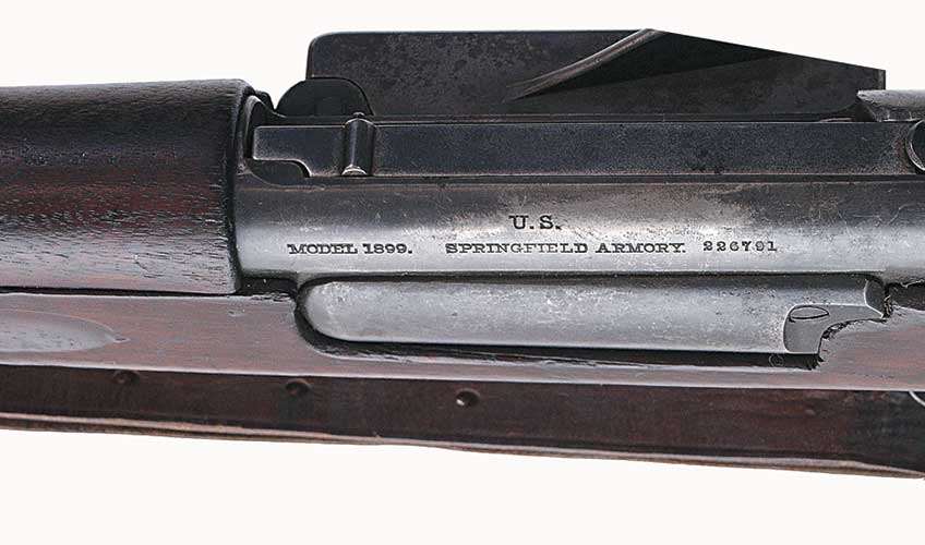 Receiver markings (above) are found on the left side, and included the model, maker-—the U.S. Springfield Armory—and the gun’s serial number. The gun depicted is an M1899 carbine.