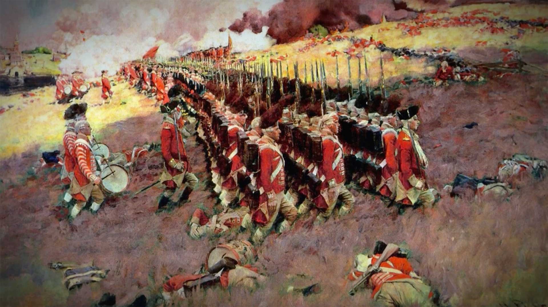Painting of British infantry advancing up Bunker Hill in 1775.