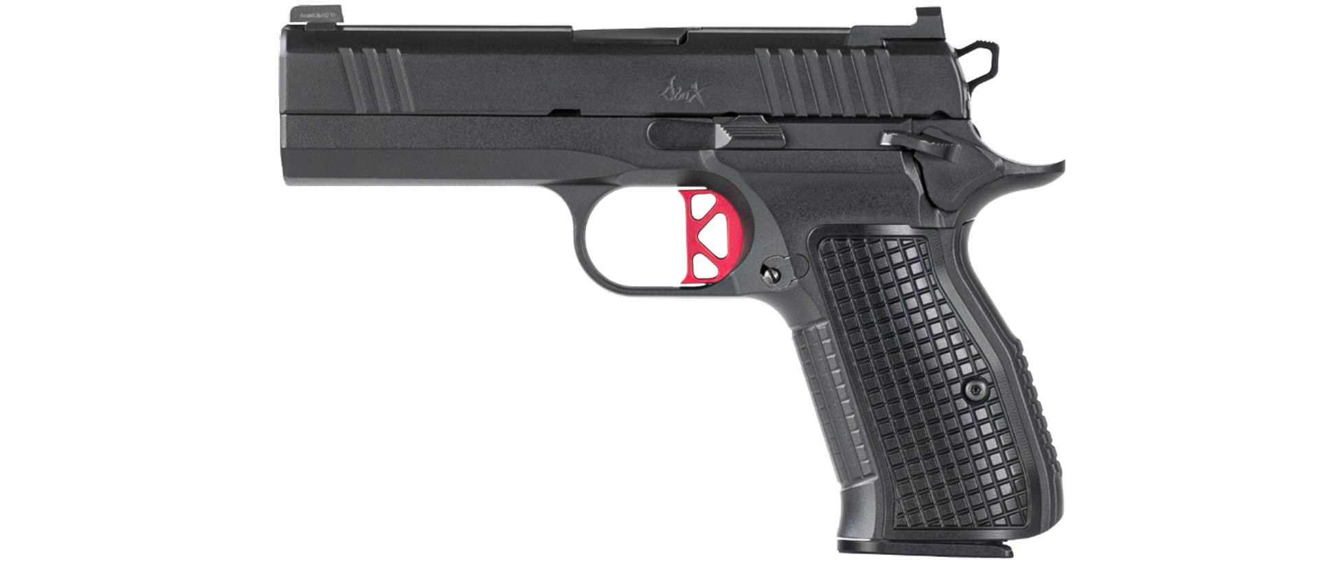 Dan Wesson Firearms DWX Compact pistol black 9 mm gun left-side view red trigger
