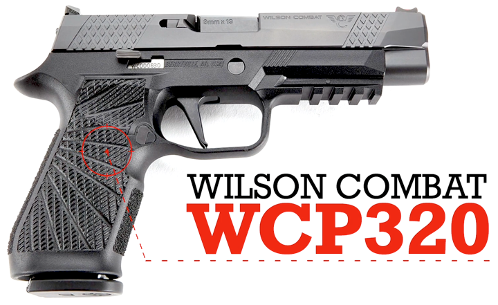 Right-side view of Wilson Combat WCP320 pistol on white background with text on image describing the pistol's make and model.