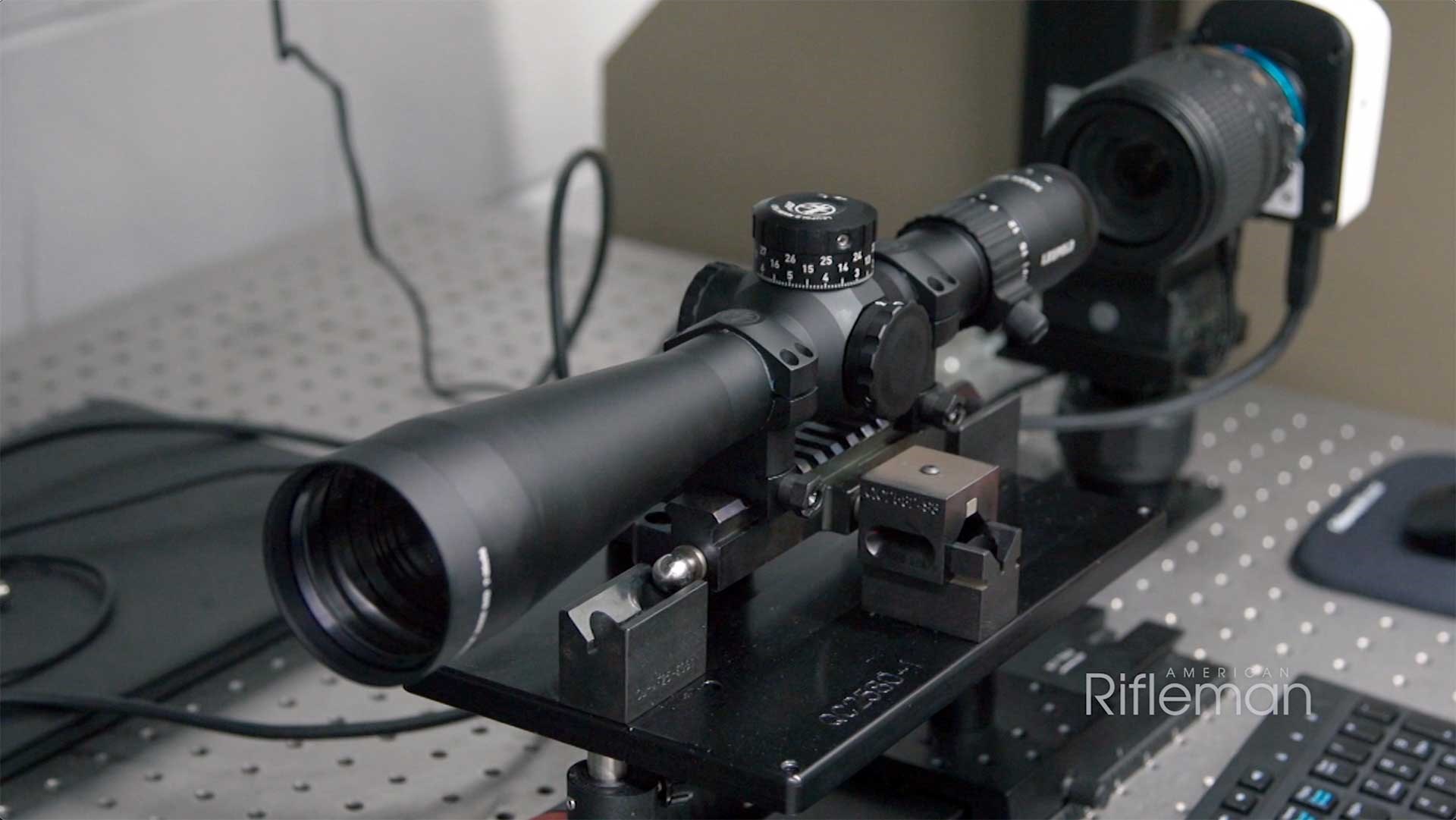 Leupold Mark 5HD riflescope on a testing table at the company's Oregon factory.