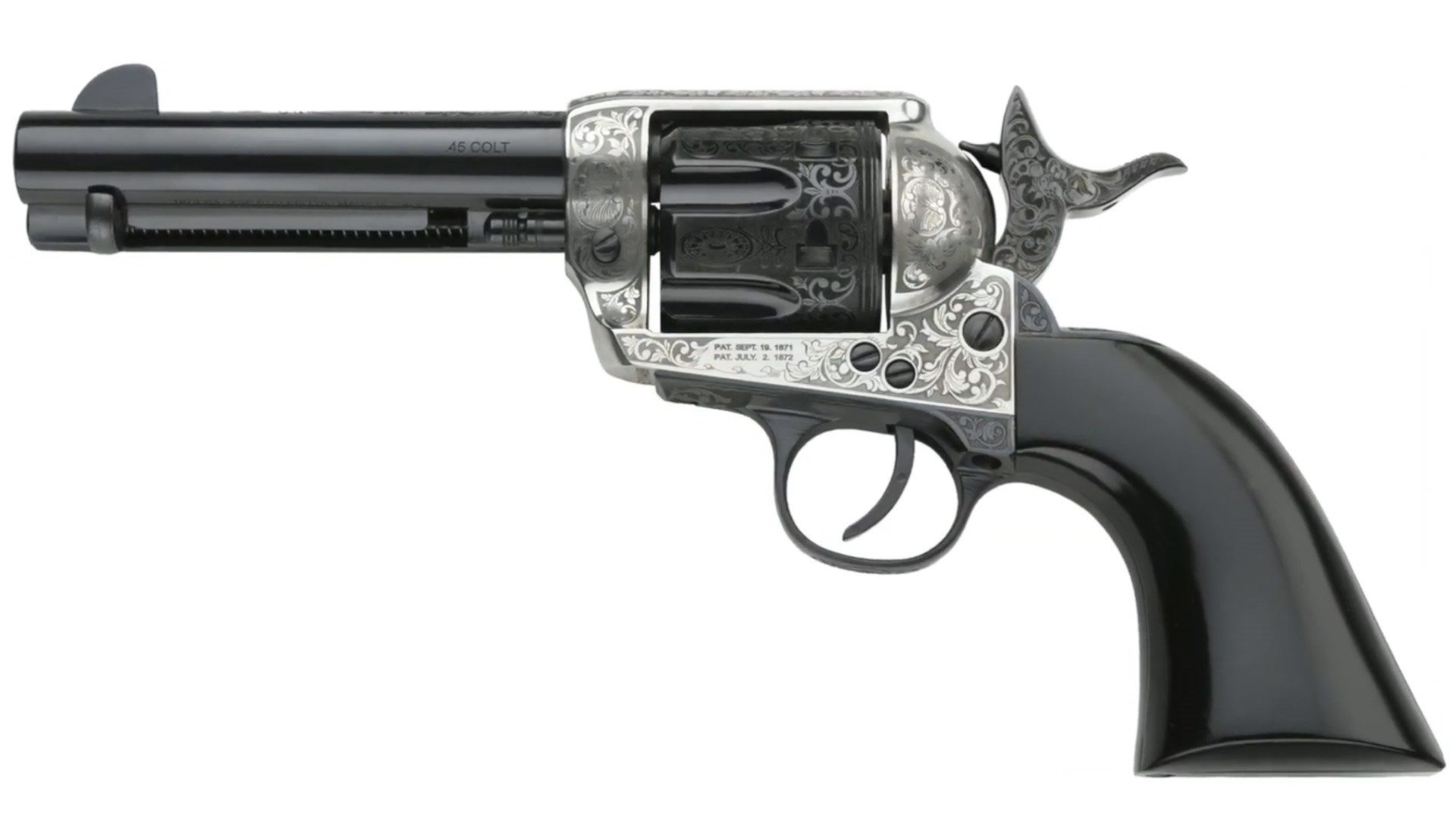 Pietta 1873 RIO single-action army revolver black an stainless steel silver scroll engraving