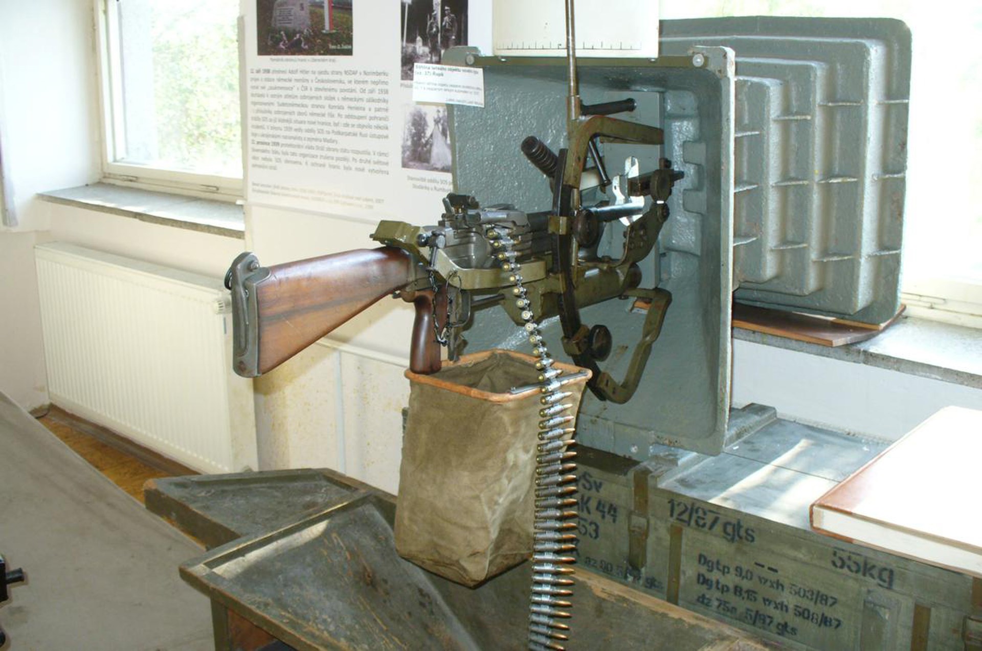 A vz. 52/57 light machine gun in 7.62×39 mm mounted in the UL-1 carriage for use in fixed defensive positions as seen in the Border Defense Minimuseum of the town of Dyjákovičky, South Moravia on the Austrian border 50 miles north of Vienna.