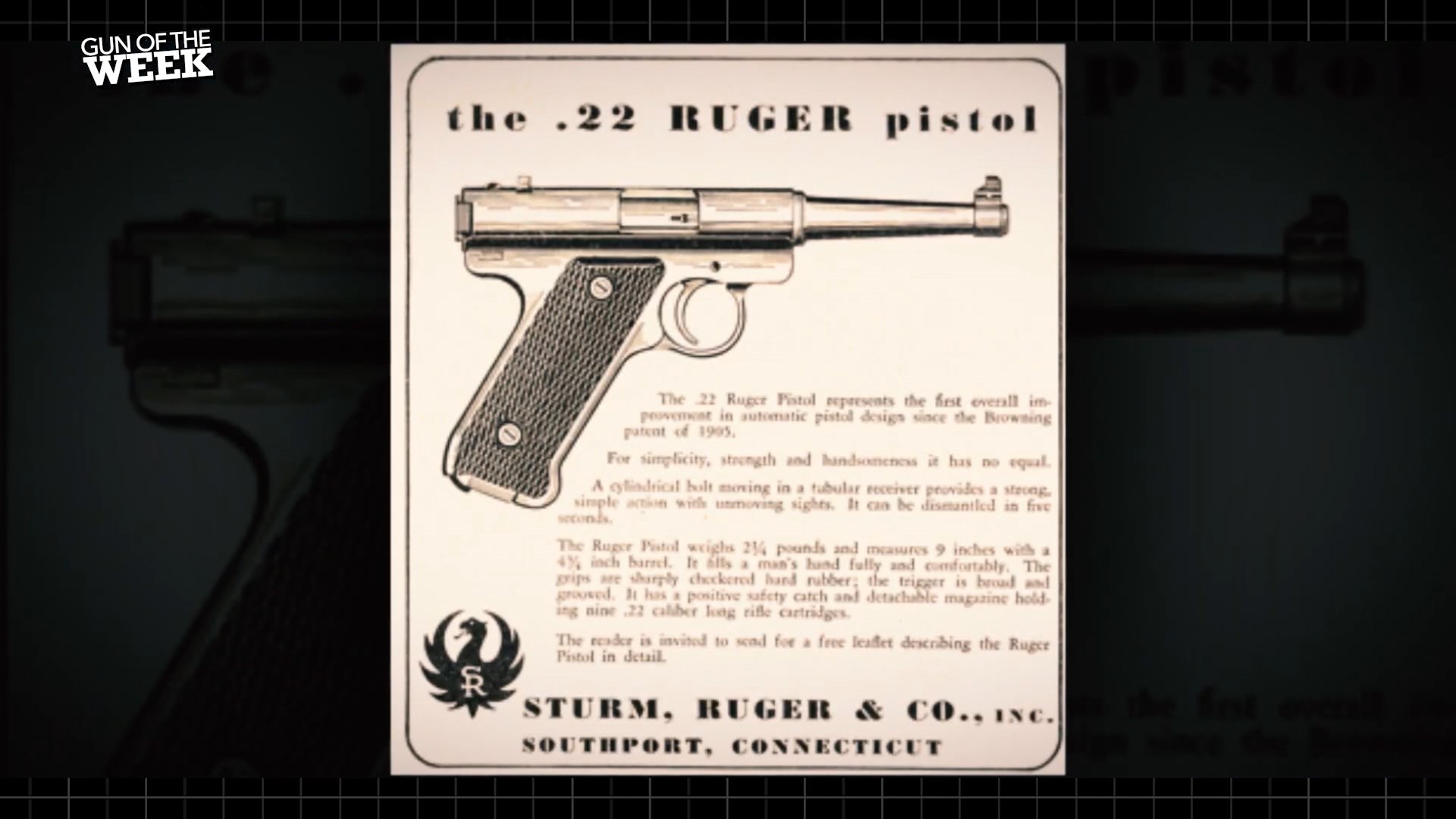 screenshot of advertisment the .22 Ruger pistol right-side line drawing pistol .22LR gun handgun
