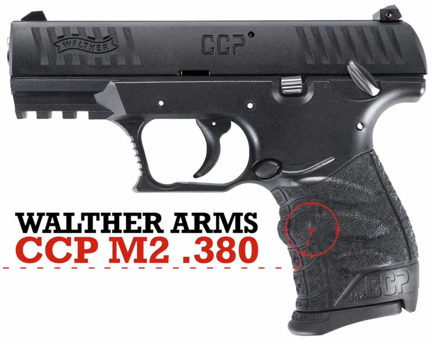Left-side view of Walther Arms CCP M2 .380 with text on image noting pistol make and model.