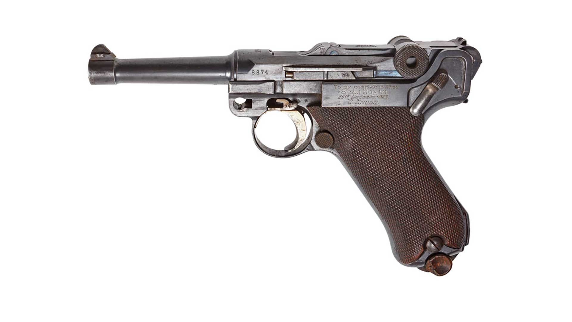 Left side of a Luger P08 pistol belonging to Dan Breen.